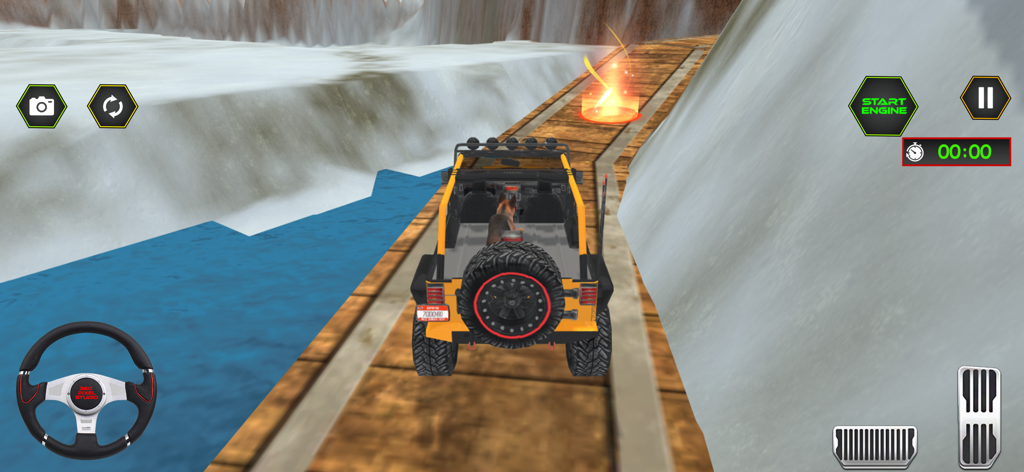 Jeep Driving Simulator 3D Game - Yellow jeep driving on a narrow wooden bridge in a snowy offroad environment