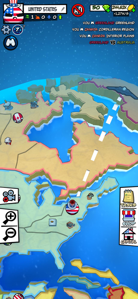 Country Balls: Battle World - Gameplay tactique sur carte du monde dans Country Balls Battle World montrant l'expansion territoriale.