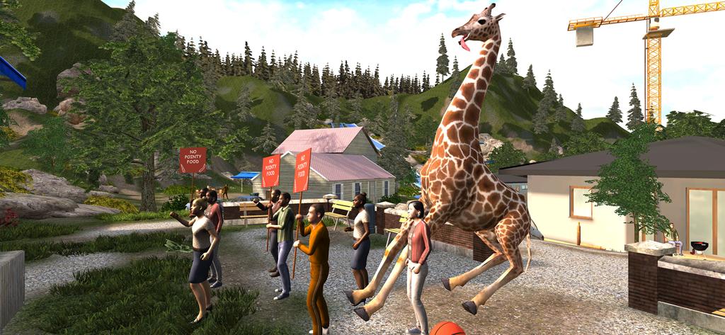 Goat Simulator - Una jirafa de pie sobre sus patas traseras junto a personas que sostienen carteles en un parque suburbano.