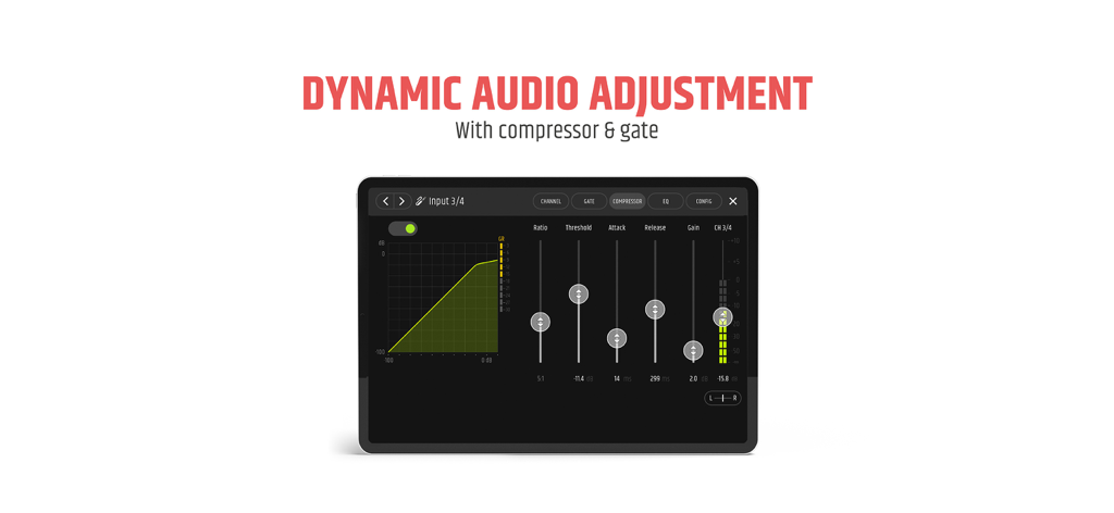 MAUI MIX - MAUI MIX app interface showing compressor and gate settings for dynamic audio adjustment on a tablet