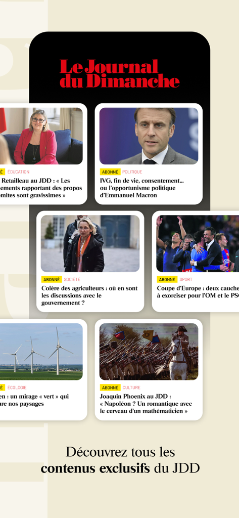 Le JDD : actualités et info - Le Journal du Dimanche app interface showing exclusive news articles on politics culture and society