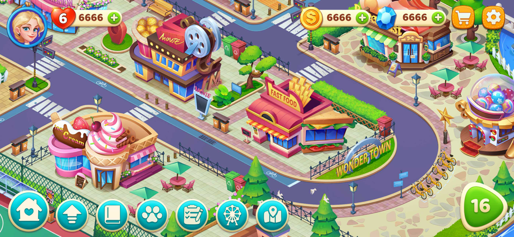 Cooking Wonder: Cooking Games - Vista aérea de um mapa de cidade colorido em Cooking Wonder com edifícios temáticos de comida
