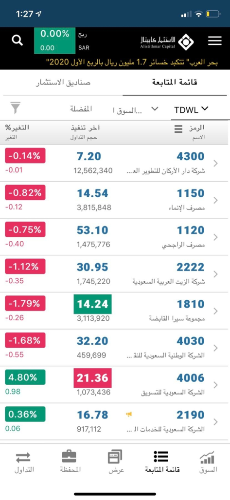 ICAP TRADE - الإستثمار تداول - ICAP TRADE app watchlist displaying Saudi stock market prices and symbols