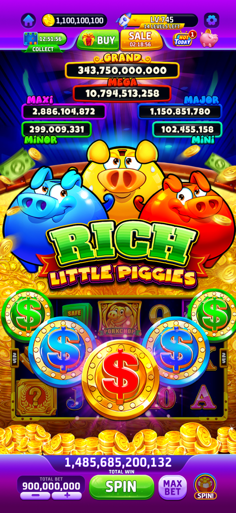 Buffalo Slots™-Casino Jackpots - Captura de pantalla del juego de tragaperras Rich Little Piggies en Buffalo Slots con huchas coloridas y enormes botes