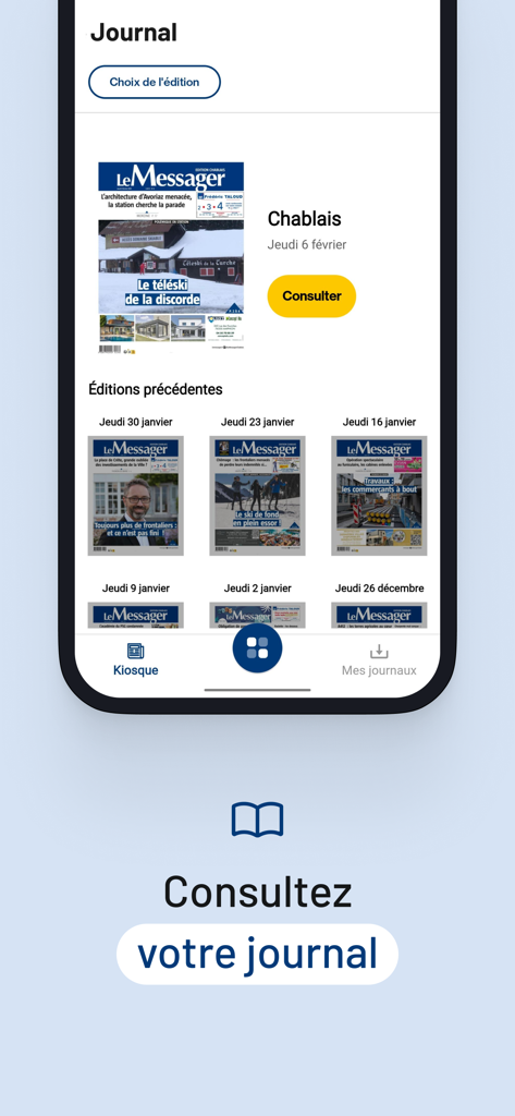 Le Messager - Actu et info - Capture d'écran de l'application d'actualités Le Messager montrant les éditions du journal numérique pour la région Haute-Savoie