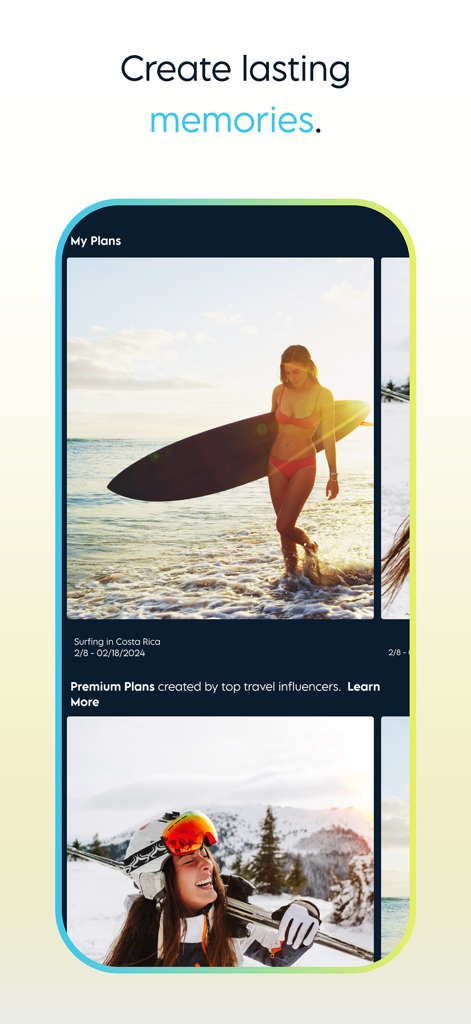 Plan WeGo - Travel Planner - Plan WeGo 앱 인터페이스는 여행 일정과 여행 인플루언서의 프리미엄 계획을 보여줍니다.