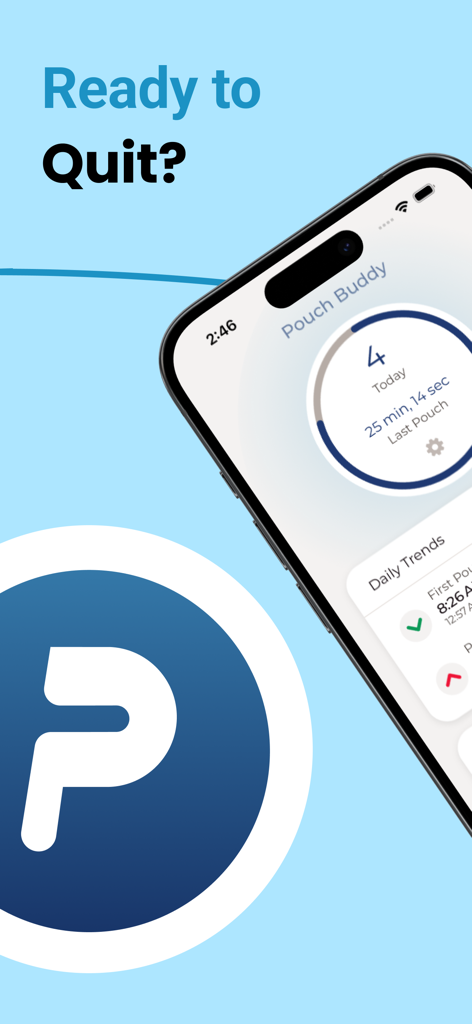 Pouch Buddy Nicotine Tracking - Smartphone che visualizza l'interfaccia dell'app Pouch Buddy con il testo Pronto a smettere e un tracker per le bustine di nicotina