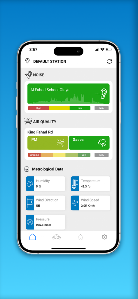 Riyadh air quality and noise app dashboard showing real time environmental monitoring and weather data