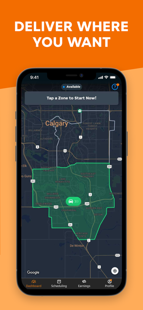 A smartphone displaying the Skip Courier app with a highlighted delivery zone in Calgary and the text Deliver Where You Want