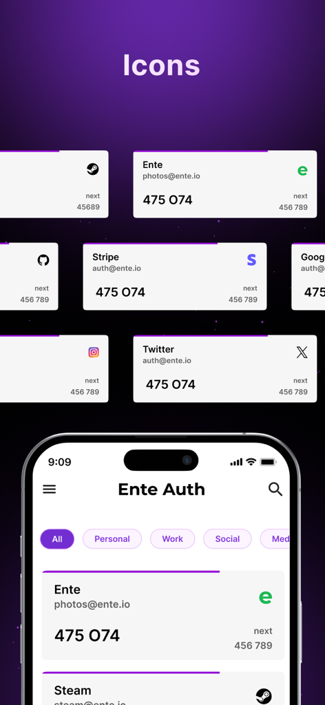 Ente Auth - 2FA Authenticator - Ente Auth mobile interface showing 2FA codes and service icons for various accounts