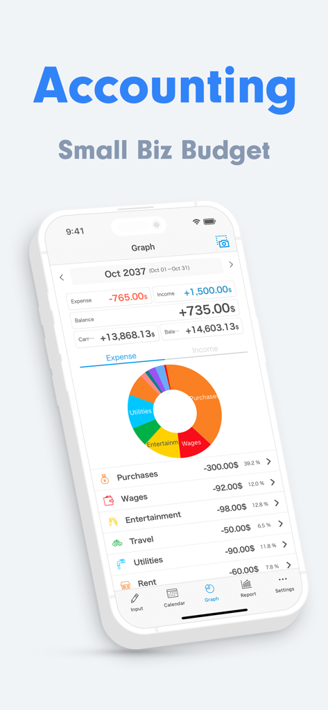 Aplicación Small Biz Budget mostrando un gráfico circular de categorías de gastos y un informe financiero mensual