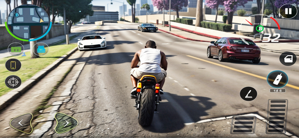 City Gangster Mafia Crime Game - Un personaje montando una motocicleta por las calles de la ciudad en un juego de simulación de crimen.