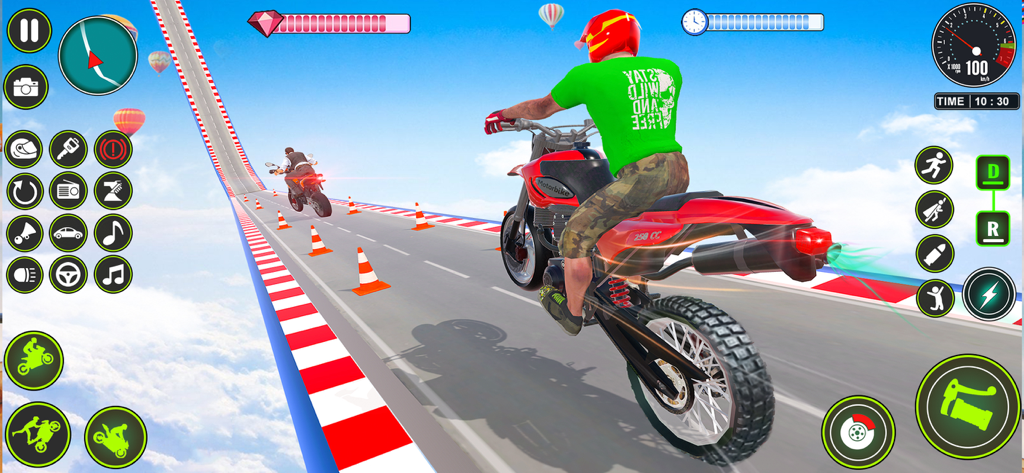 Mega Ramp Bike Stunt Games - A motorcycle rider racing on a high altitude mega ramp track in the clouds