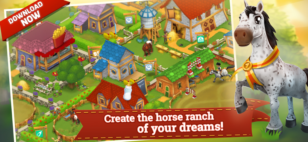 Horse Farm - Una vibrante granja de caballos con varios establos, cabañas y edificios decorados con un gran caballo ganador en primer plano.