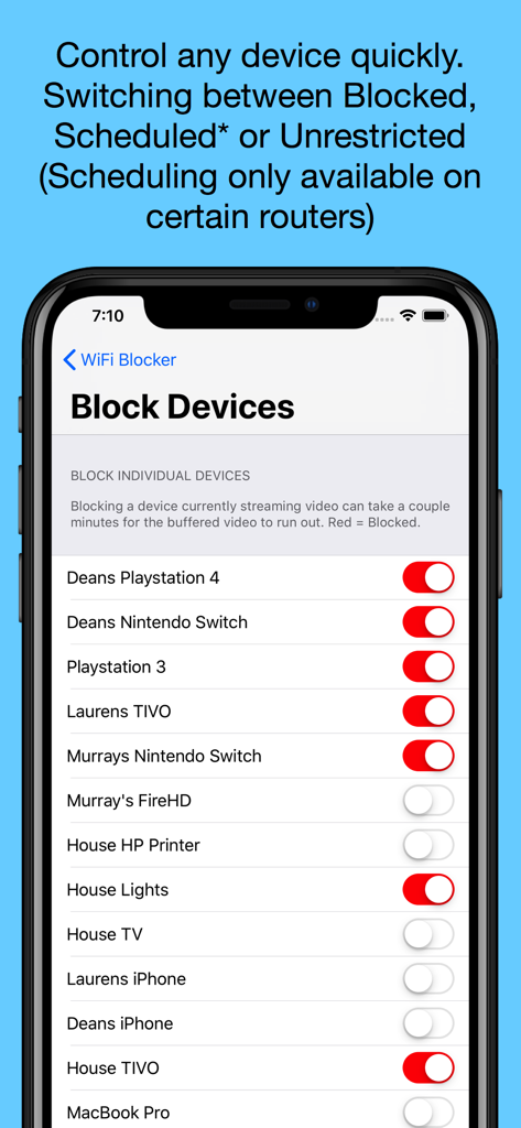 WiFi Blocker - WiFi Blocker app interface showing a list of household devices with toggle switches to block internet access