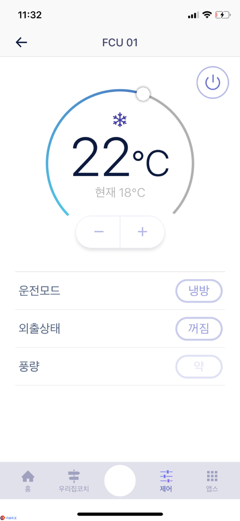 COMMAX IoT - Interface of the COMMAX IoT mobile app showing temperature control and cooling settings for a smart home fan coil unit.