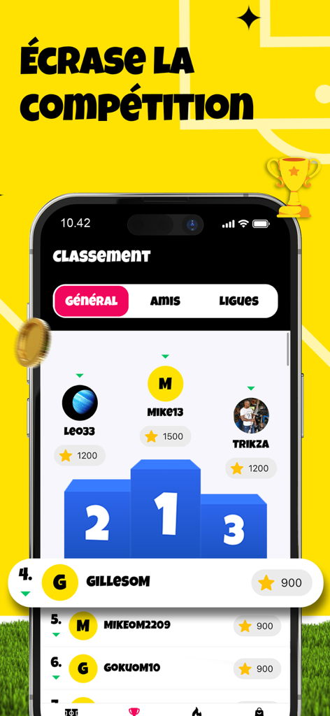 Pantalla de la aplicación móvil Goal'in que muestra una clasificación deportiva competitiva con un podio de 1-2-3.