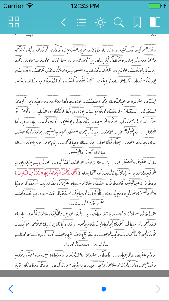 하이라트 서재의 독서 화면. 아흐메드 후스레브 알틴바샥 서체의 이슬람 텍스트와 앱 탐색 컨트롤이 표시됩니다.