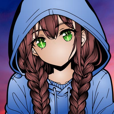 anime girl with long braids and hoodie