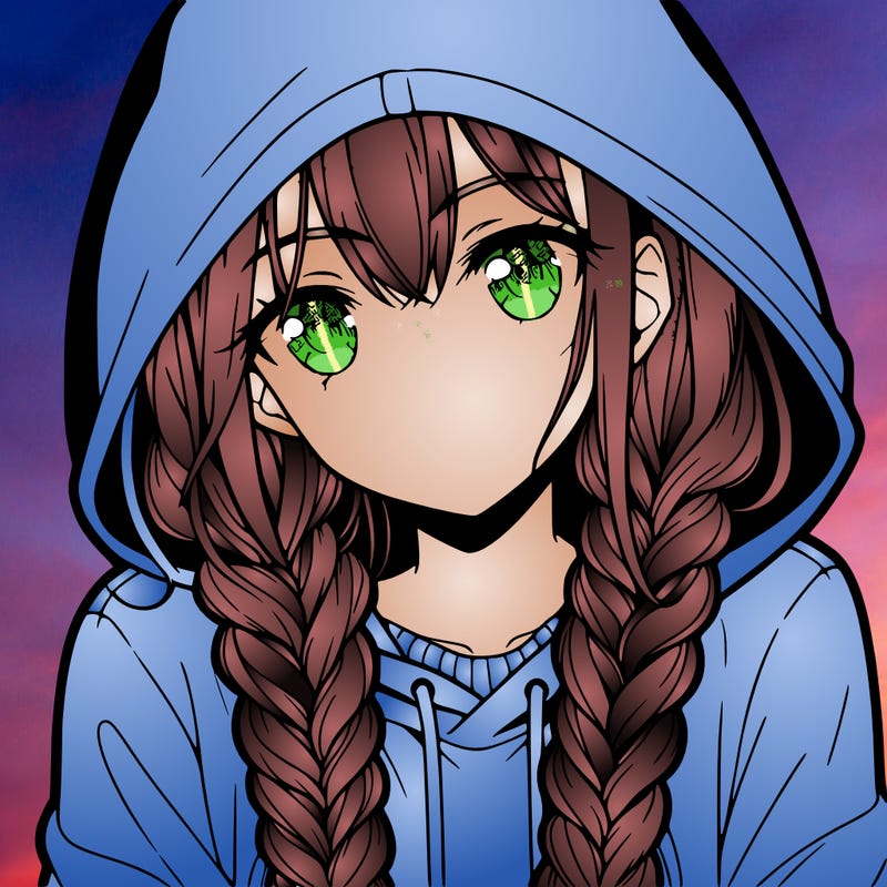 anime girl with long braids and hoodie