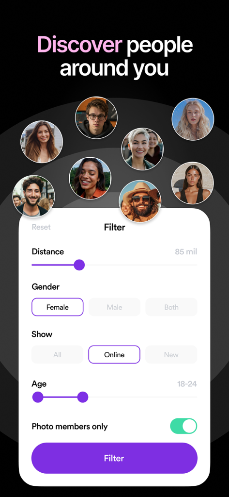 MatchPub: Live 1:1 Video Chat - MatchPubアプリの画面。近くの人々を発見するための距離、性別、年齢範囲の高度な検索フィルターを表示しています。