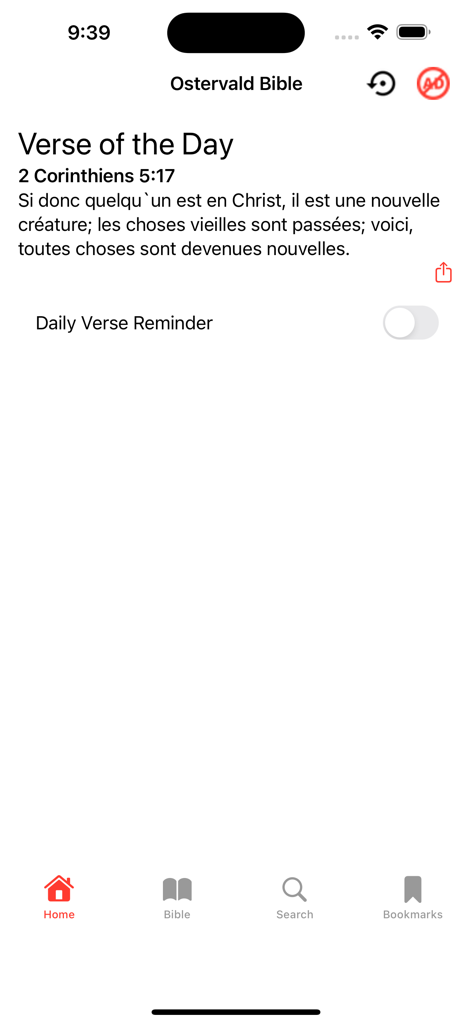 Ostervald Bible - Daily verse of the day feature in the French Ostervald Bible mobile app.