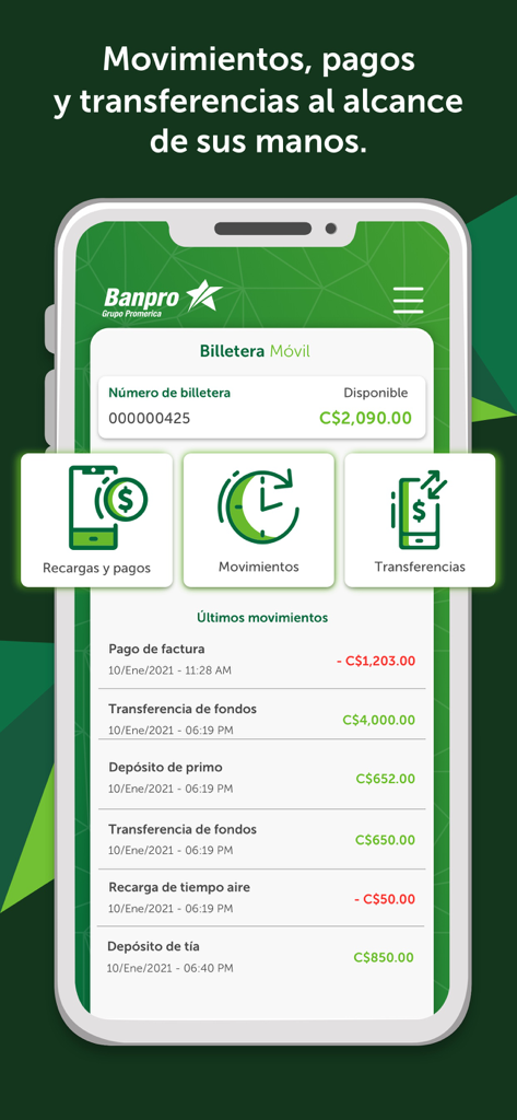 Interfaz de la app Billetera Movil de Banpro mostrando el saldo de la cuenta y transacciones recientes en córdobas.