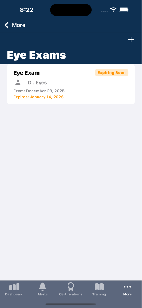 My Certification Tracker - Mobile app interface displaying an eye exam record with an expiring soon notification for professional compliance