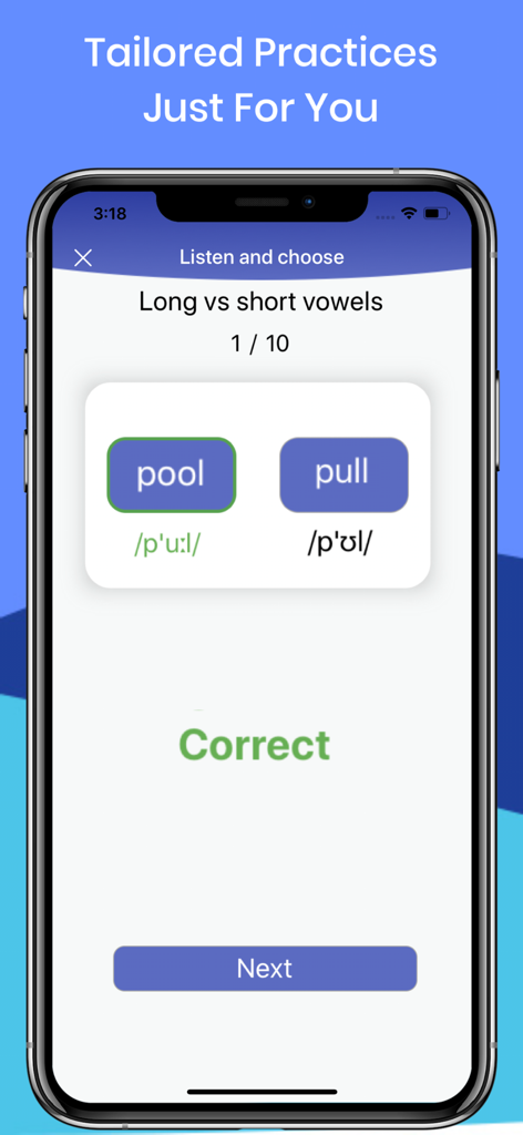 Speakometer-Accent Training AI - Speakometer app screen showing a long vs short vowel listening test with pool and pull minimal pairs