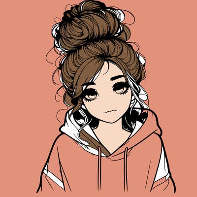 realistic girl with a massy bun and a hoodie