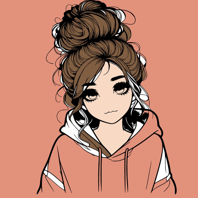 realistic girl with a massy bun and a hoodie