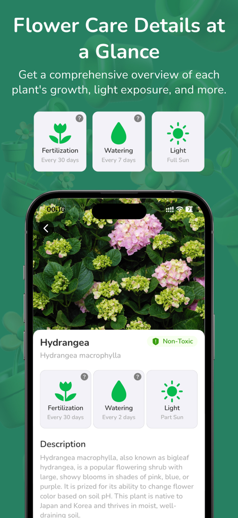 Planty | Plant Finder,Plant ID - Planty app interface displaying detailed care instructions for a Hydrangea plant including fertilization watering and light requirements