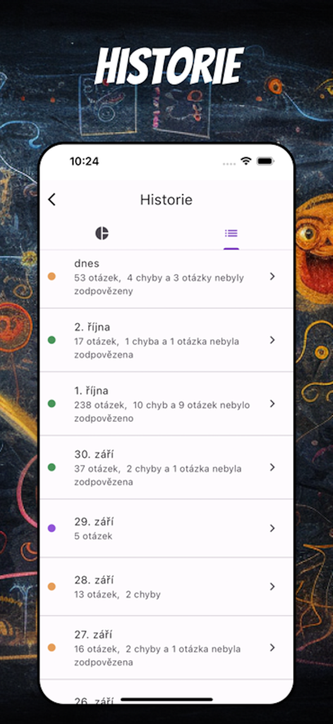 Čeština - チェコ語アプリのスクリーンショット。日付と質問スコアを含む過去の学習セッションのリストが表示されています