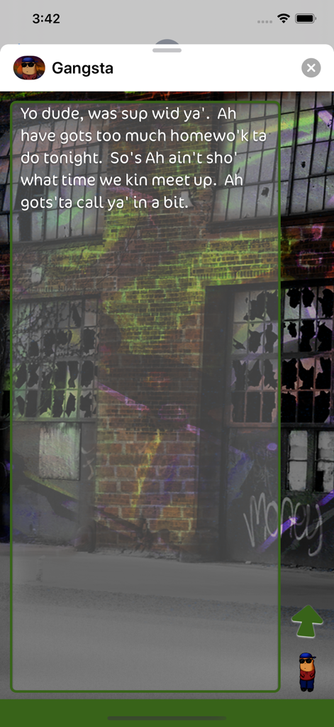 Speakin Gangsta - A mobile app interface showing a message translated into urban slang with a gritty urban background