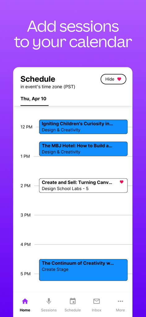 Canva Create 2025 - Interfaz de la aplicación Canva Create 2025 que muestra un horario detallado del evento con varias sesiones y horarios.