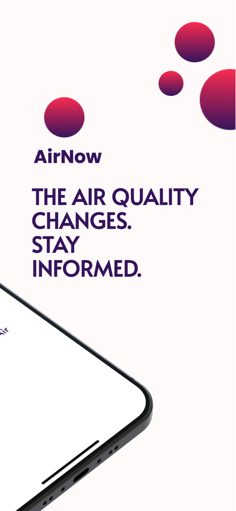 Air Now app screen with the slogan The air quality changes Stay informed
