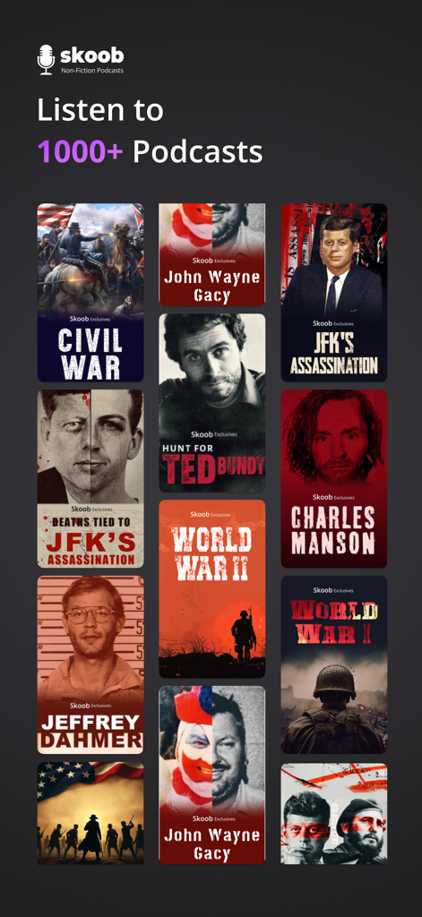Interfaz de la aplicación Skoob que muestra una biblioteca de más de 1000 podcasts de no ficción, incluyendo true crime e historia.
