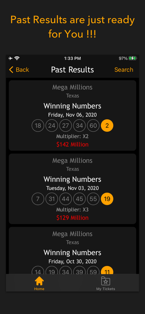 Mobile app screen displaying past winning numbers for the Texas Mega Millions lottery.