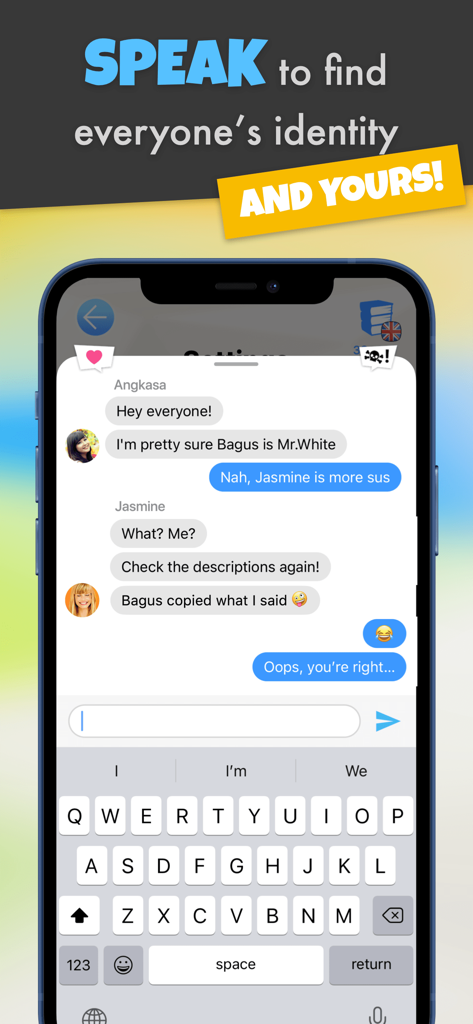 Interface de chat en jeu d'Undercover Word Party Game montrant les joueurs discutant des identités pour trouver l'infiltré.
