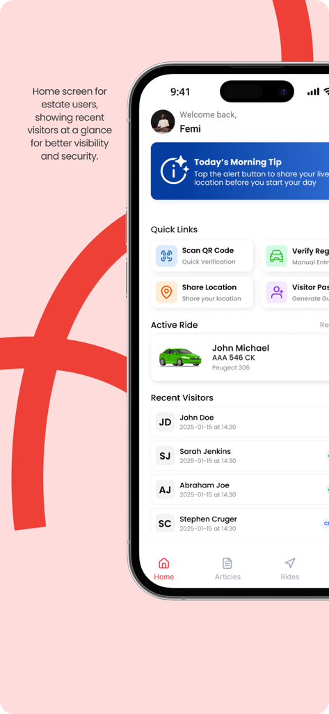 Rescuetap - Dashboard of the Rescuetap safety app showing recent visitors and active ride details.