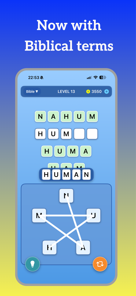 Captura de tela do aplicativo Word Chips mostrando um nível de quebra-cabeça de palavras com termos bíblicos e a palavra Naum