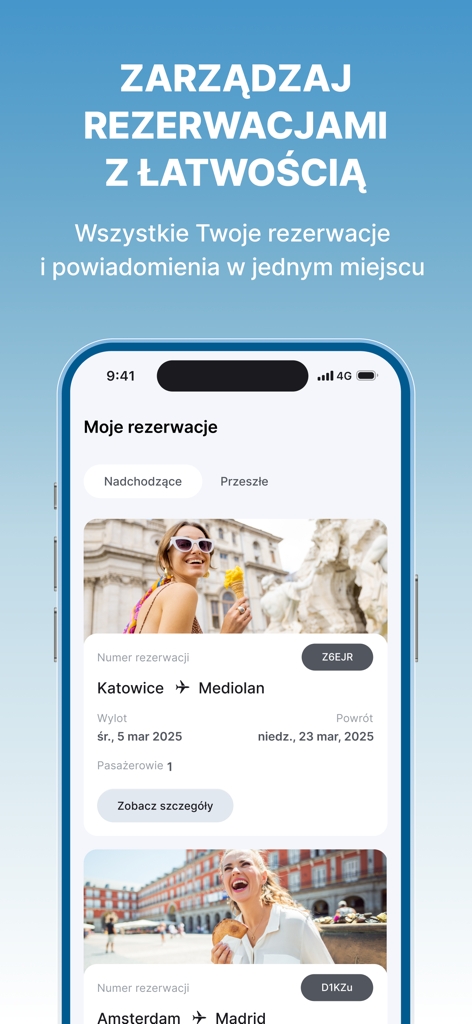 A mobile interface of the FRU travel app showing a list of upcoming flight reservations with destinations like Milan and Madrid