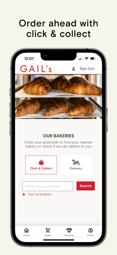 GAIL's Bakery - Interfaccia dell'app GAIL's Bakery che mostra la schermata di ordinazione anticipata con opzioni di click and collect e consegna