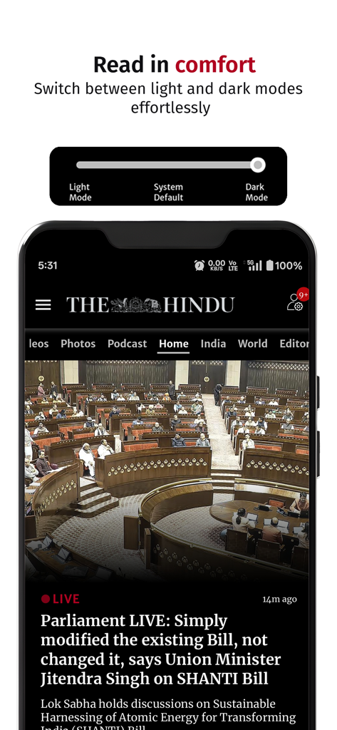 The Hindu news app showing dark mode interface with live parliament news