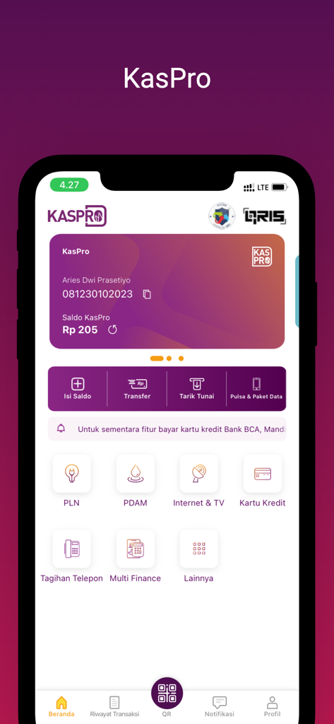 KasPro - Tela inicial do aplicativo KasPro mostrando o saldo da carteira digital e opções de pagamento para contas de serviços públicos indonésios como PLN e PDAM.