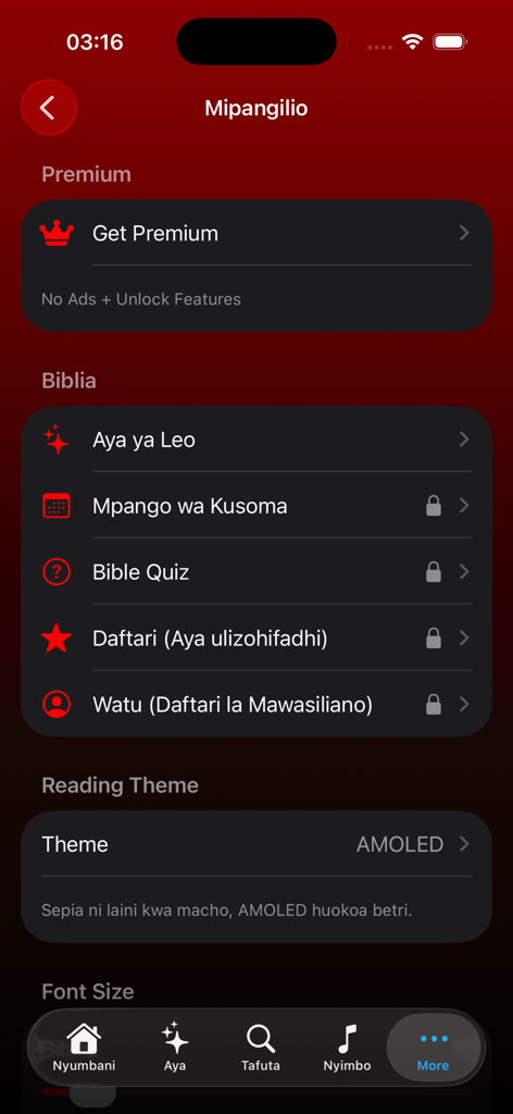 Biblia Takatifu- Swahili Bible - Settings screen of the Biblia Takatifu Swahili Bible app showing premium and reading options