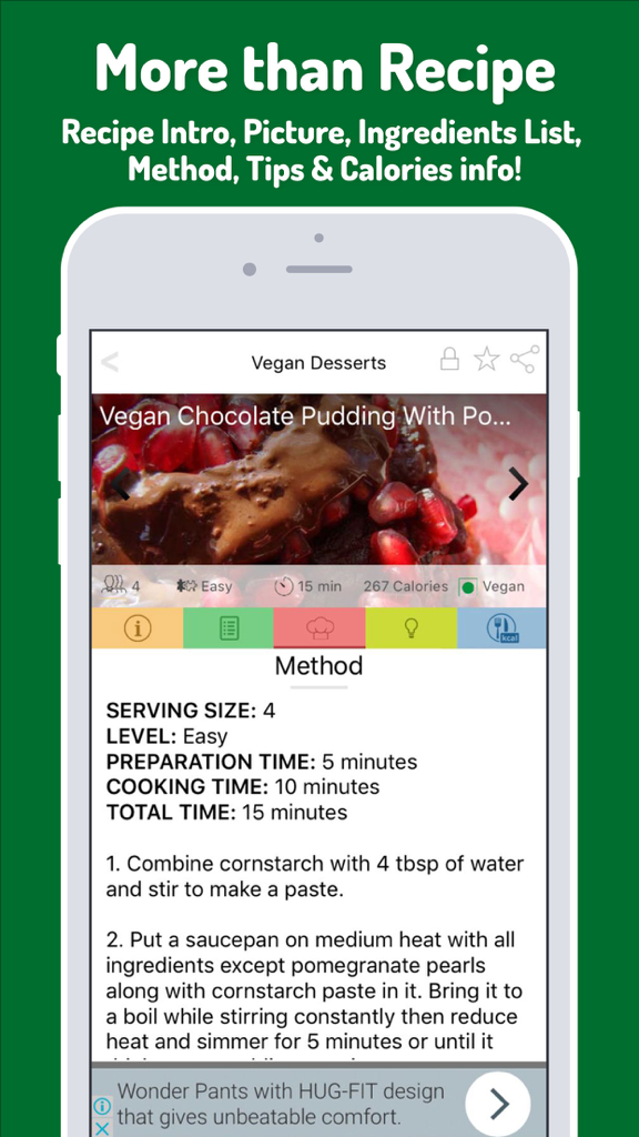 A mobile app screen showing a vegan chocolate pudding recipe with preparation time and cooking steps.