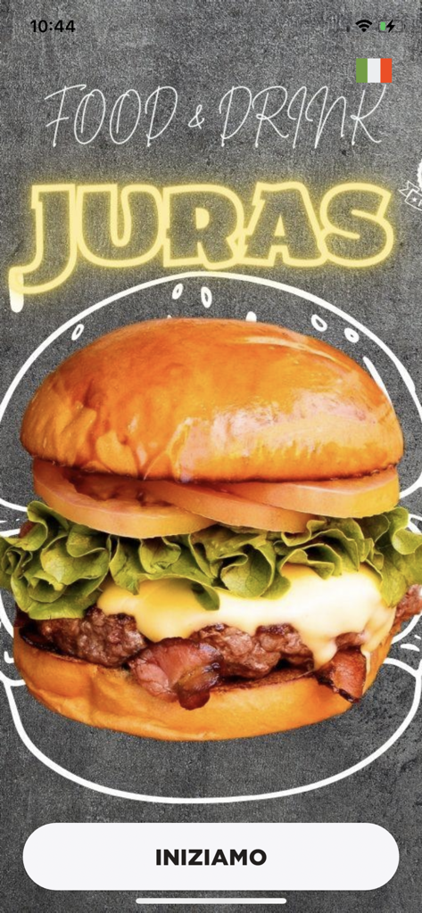 Juras Food and Drink - Startbildschirm der Juras Food and Drink App mit einem großen Gourmet-Burger und einem Bestell-Start-Button