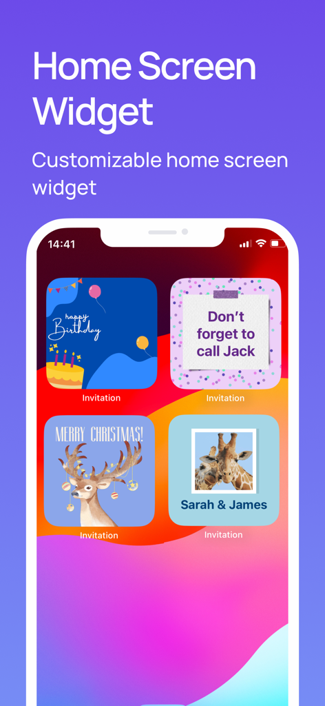 Invitation Maker |Card Creator - Exibição do iPhone com quatro widgets personalizáveis da tela de bloqueio para lembretes de aniversário, Natal e eventos