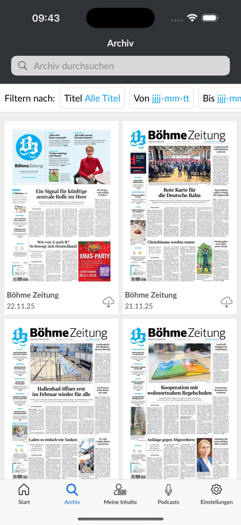 Böhme-Zeitung E-Paper - Digital archive screen of the Böhme-Zeitung E-Paper app featuring past newspaper editions.